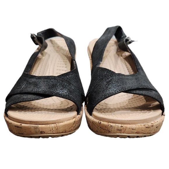Crocs A-Leigh Black Leather Slingback Strap Wedge Cork Heels Casual Sandals 9W - Picture 3 of 9